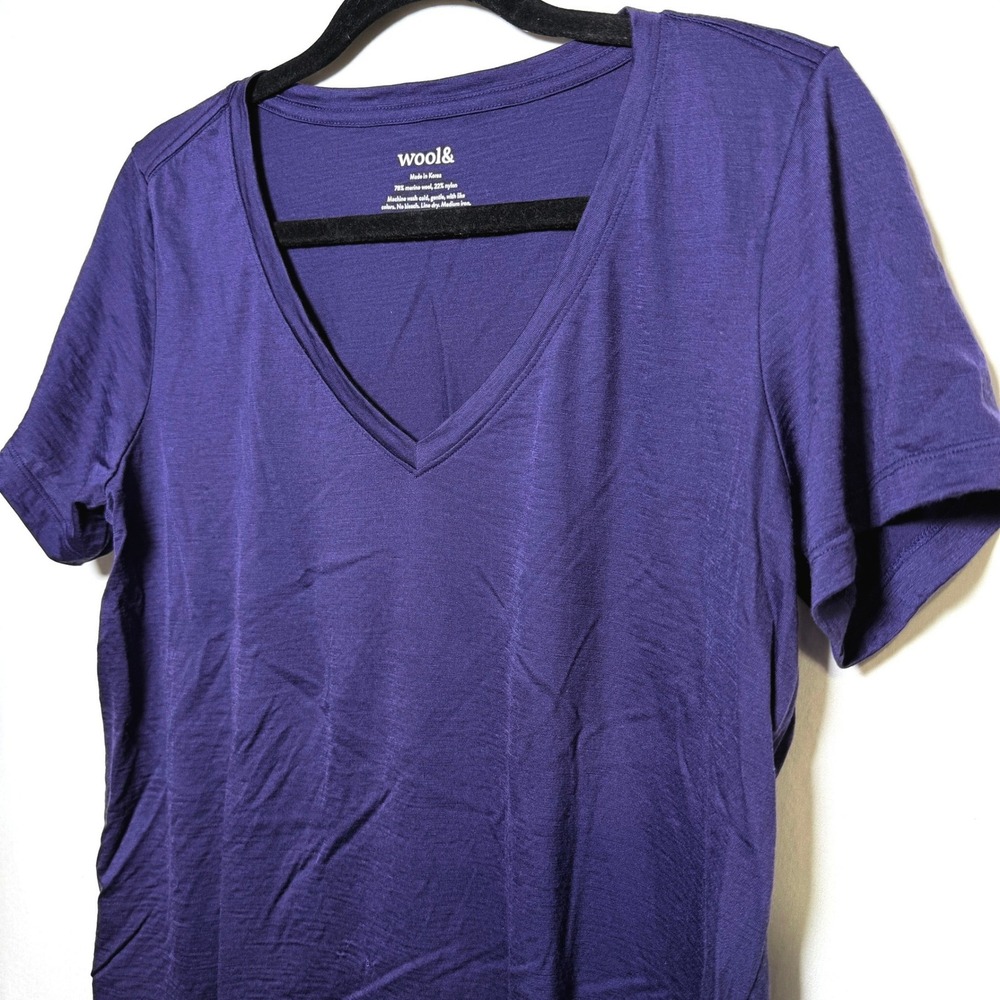 Wool& Women Purple Merino Wool Blend V-Neck Short Sleeve Tee Top Size L